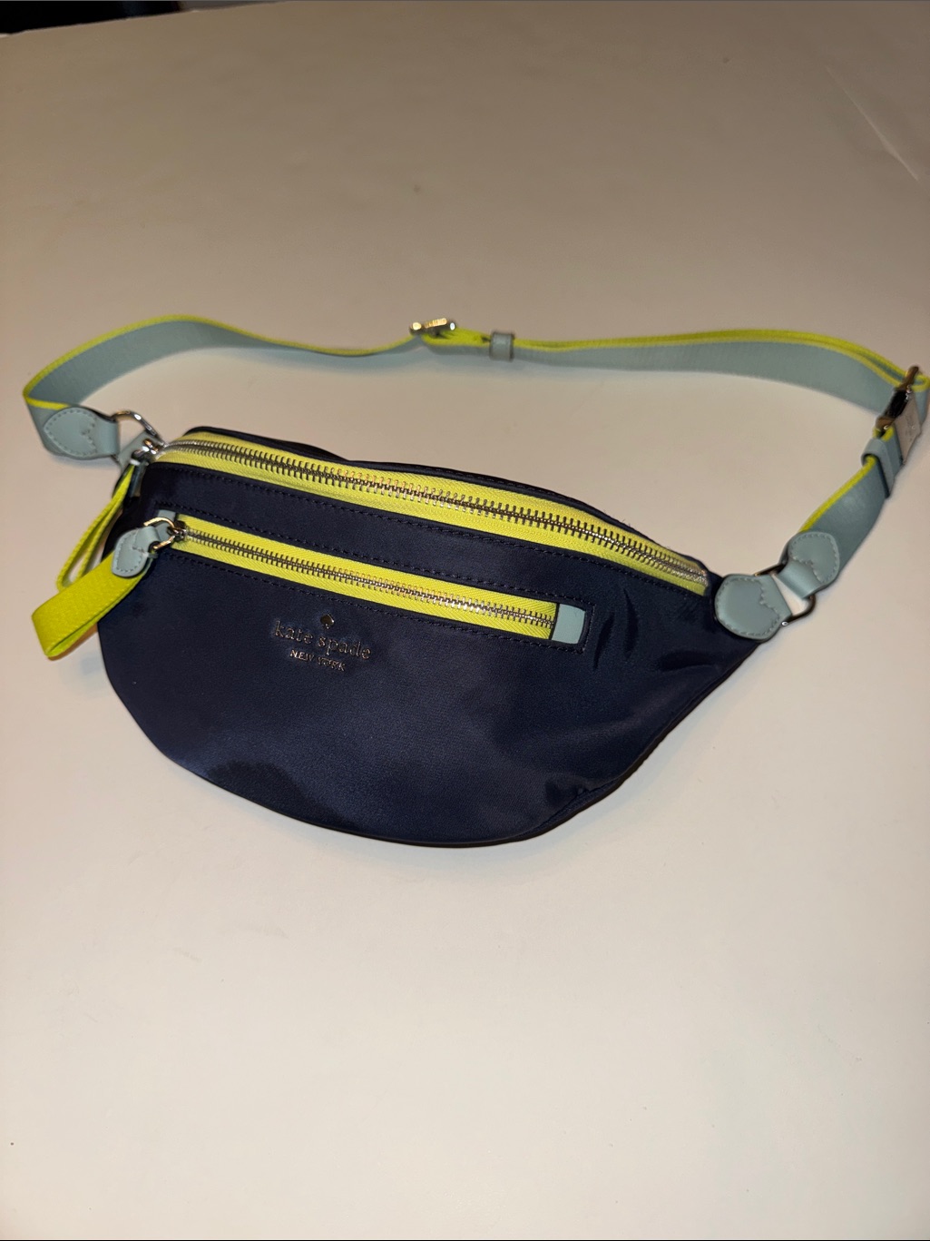 Kate Spade Navy Crossbody Belt Bag With Lime And Light Blue Trim Euc